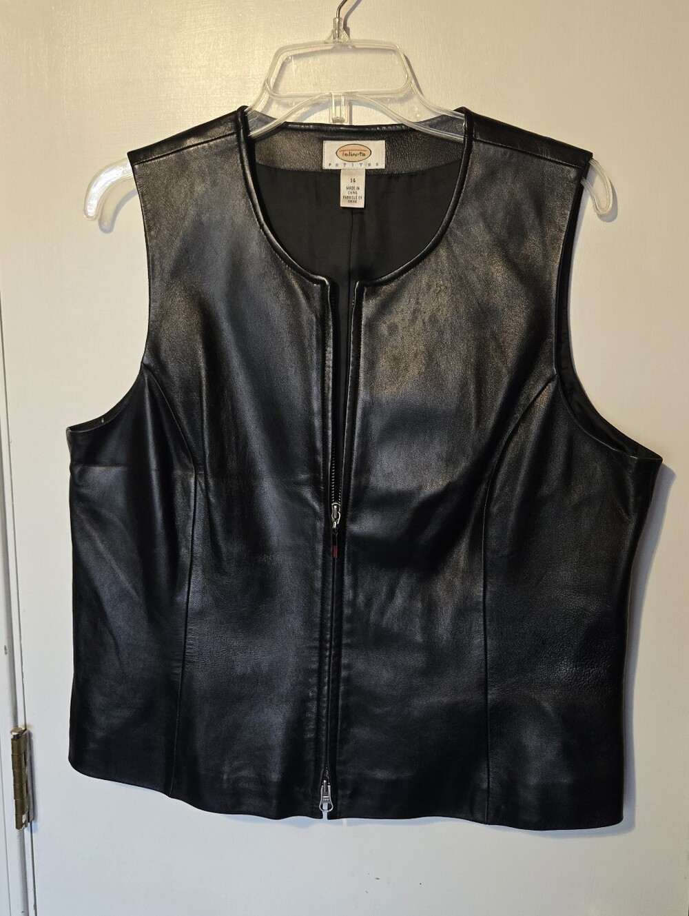 Talbots Genuine 100% Leather Vest Sz 14 Front Dual Zip Lined Black Bikercore